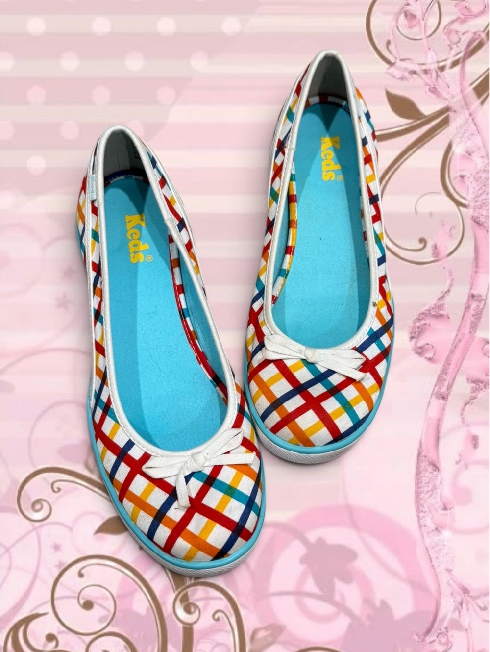 Vintage Y2K Keds Plaid Ballet Wedges with White Bow, size 7